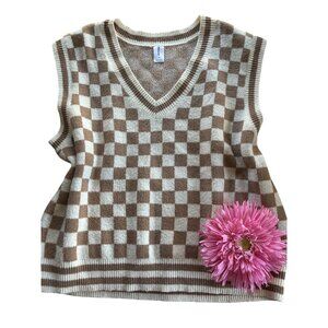 Abound Womens Sleeveless V-Neck Sweater Vest Tan & Ivory Check 1X